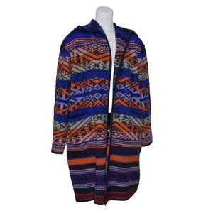Peruvian Connection Blanket Coat Sz 22 Hooded  Coat Blue Orange Aztec Boho MINT!